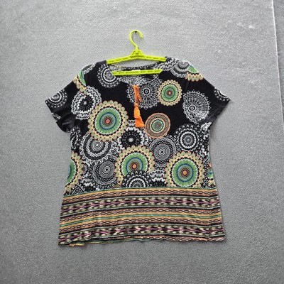 Onque Casual Women Shirt 2X Black Geometric Casual Button Tassel Artsy Office