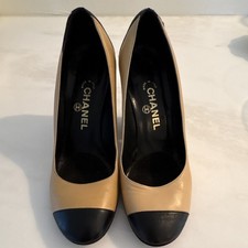 CHANEL Beige Black Leather Cap Toe Block Heel Pumps for Women