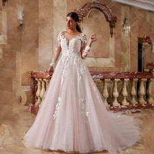 Long Sleeves V Neck Wedding Dresses  Floral Lace Light Blush A Line Bridal Gowns