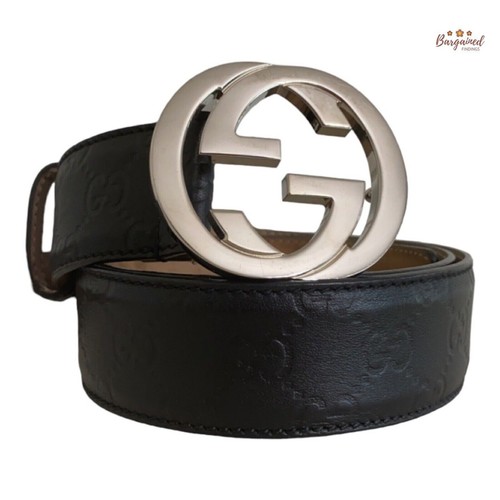 Authentic Gucci Black Guccissima Leather Silver Interlocking G Buckle Belt 95/38