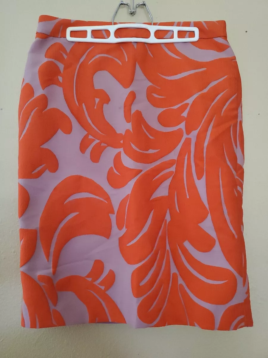 Ann Taylor Textured Jacquard Vibrant Orange Pink Fan Leaf Pencil Skirt Size 10