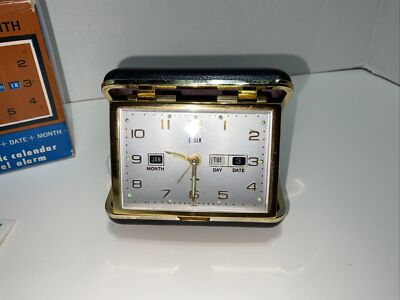 Réveil Voyage Elgin Vintage Jour + Date + Alarme - Boîte Rouge Or - Occasion Fonctionnel