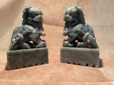 Vintage Pair of Foo Lion Dogs Carved in Jade Soap Stone.