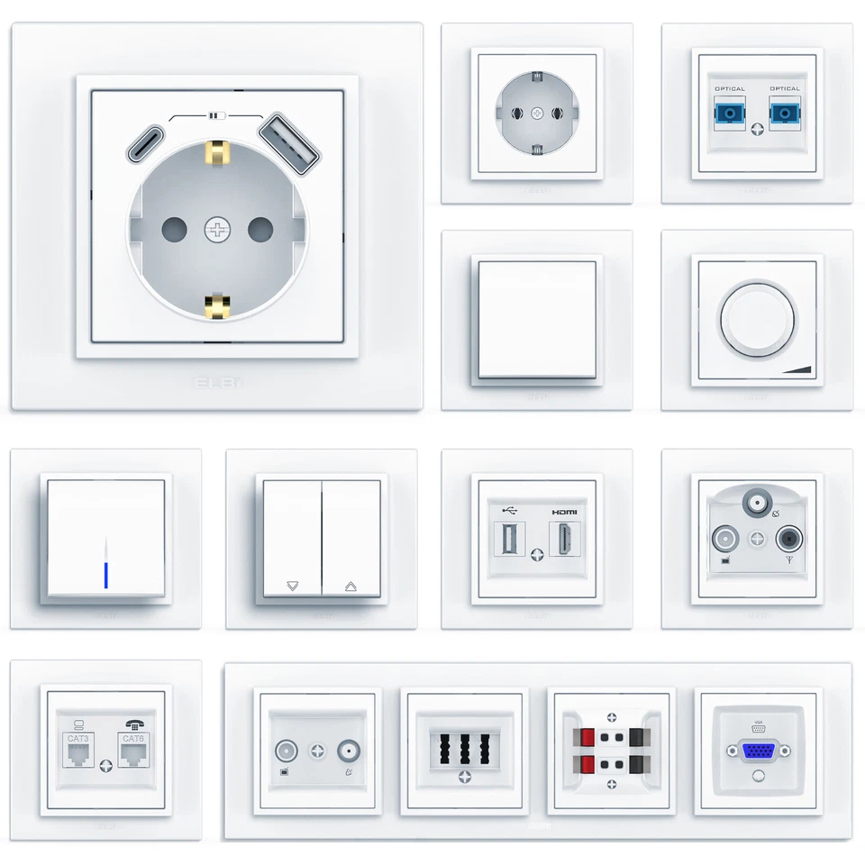 EL-BI Schuko Steckdosen Schalter Multimedia Taster Wechselschalter Sat TV Dimmer Zena