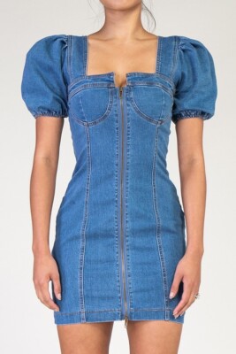 denim and lace dress Stretch Denim Lace Ruffle Mini Dress M main image 0