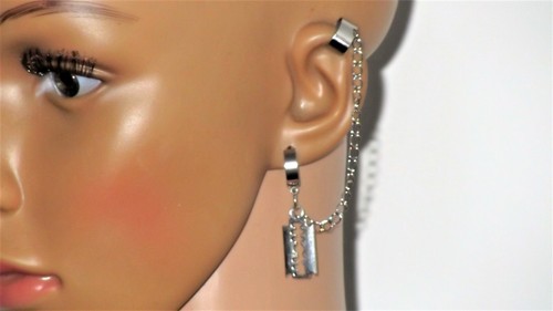 Razor Blade Chain Wrap Cuff Earrings Jewelry Goth Pair Unisex Piercing Req'd - Picture 3 of 3
