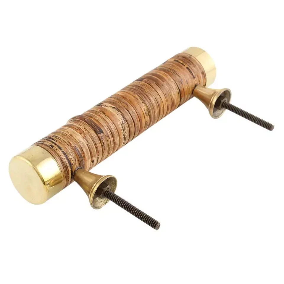 Set of 2 Brass and Wooden Natural Small Round Rattan Cabinet Door Handles - Image 2 of 3