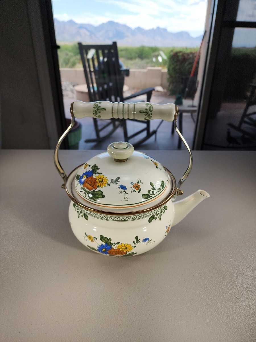 Vintage Enamelware Teapot Green Band Floral Flowers Metal