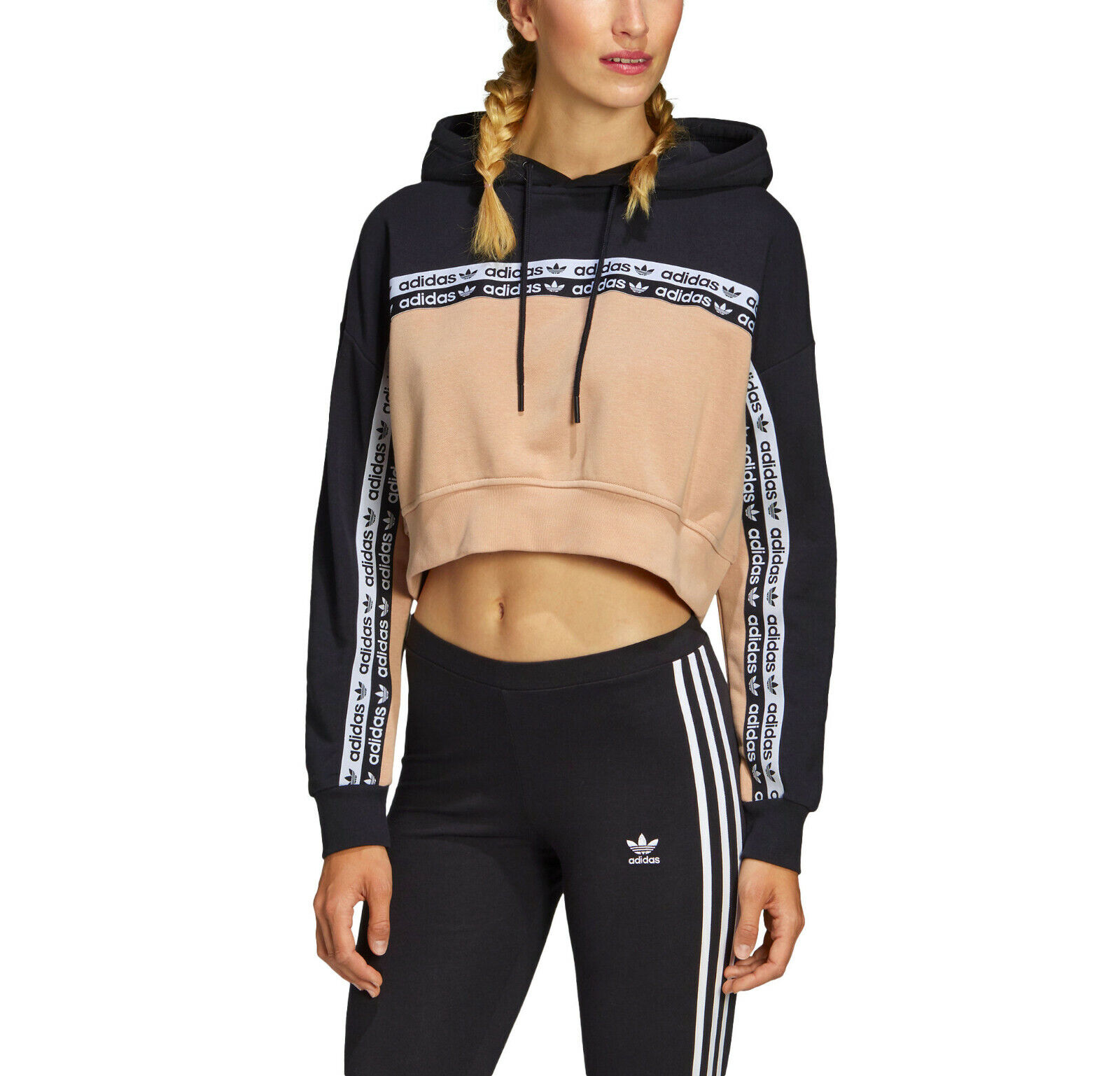 adidas Originals Women's 90s Logo Tape Hoodie Beige Black eBay