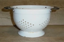 Vintage Rustic Farmhouse White Enamel Colander Small W/ Handles 7 in x 4.5 in