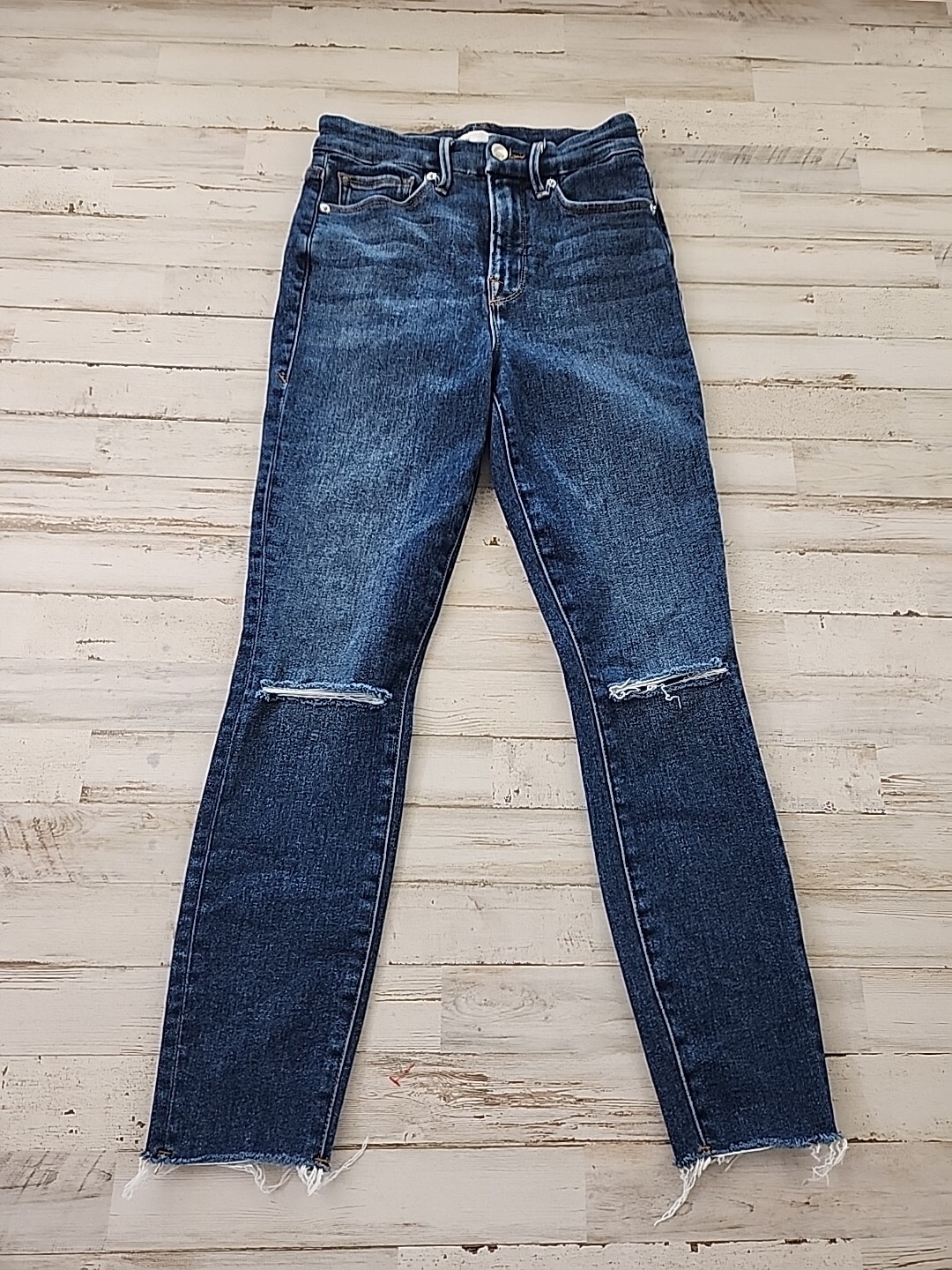 Good American Good Waist Crop Raw Edge Skinny Jeans Size 2 26 Stretch Dark Wash