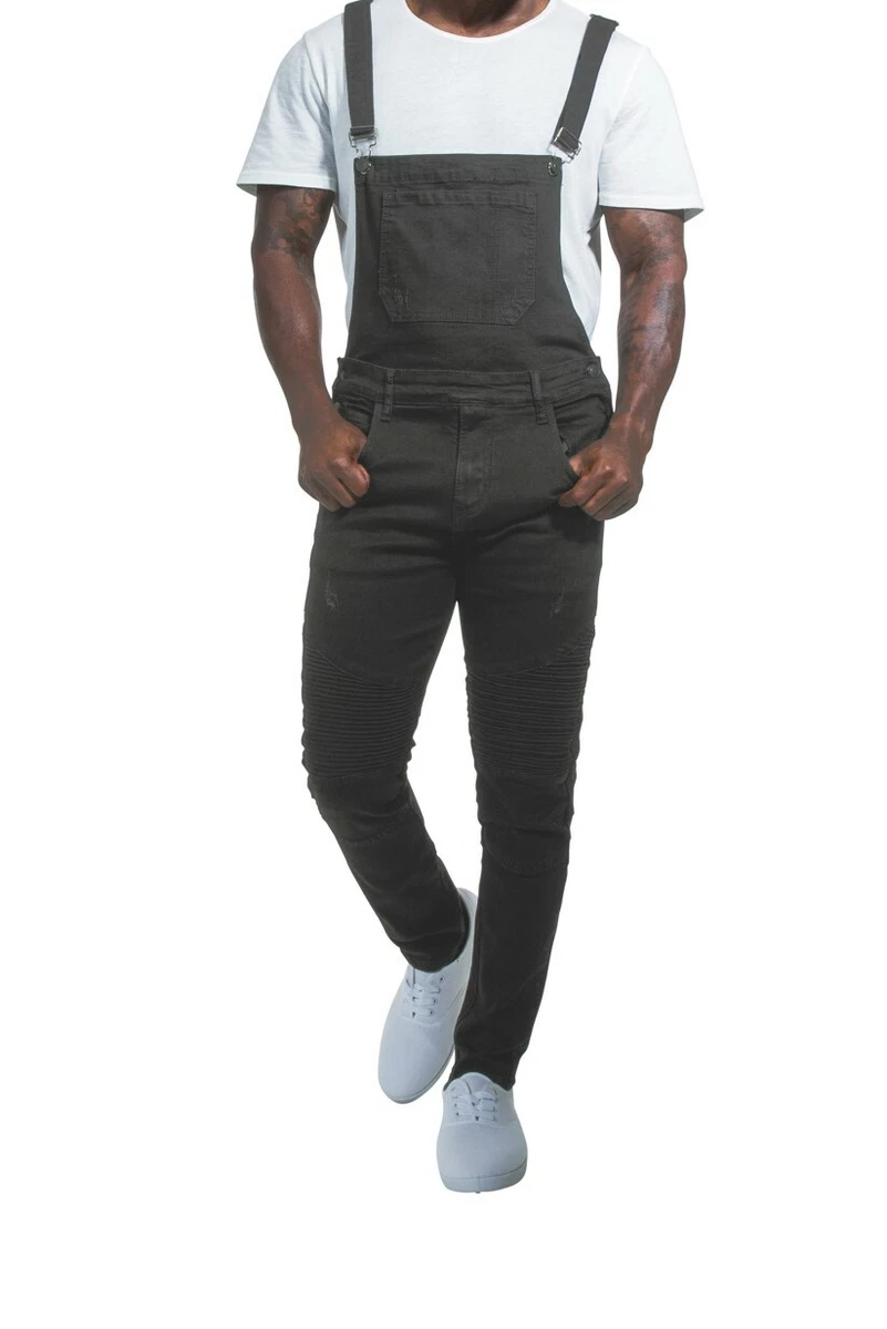 Mens Super Skinny Biker Dungarees Faded Black Overalls Detachable Straps Kyle