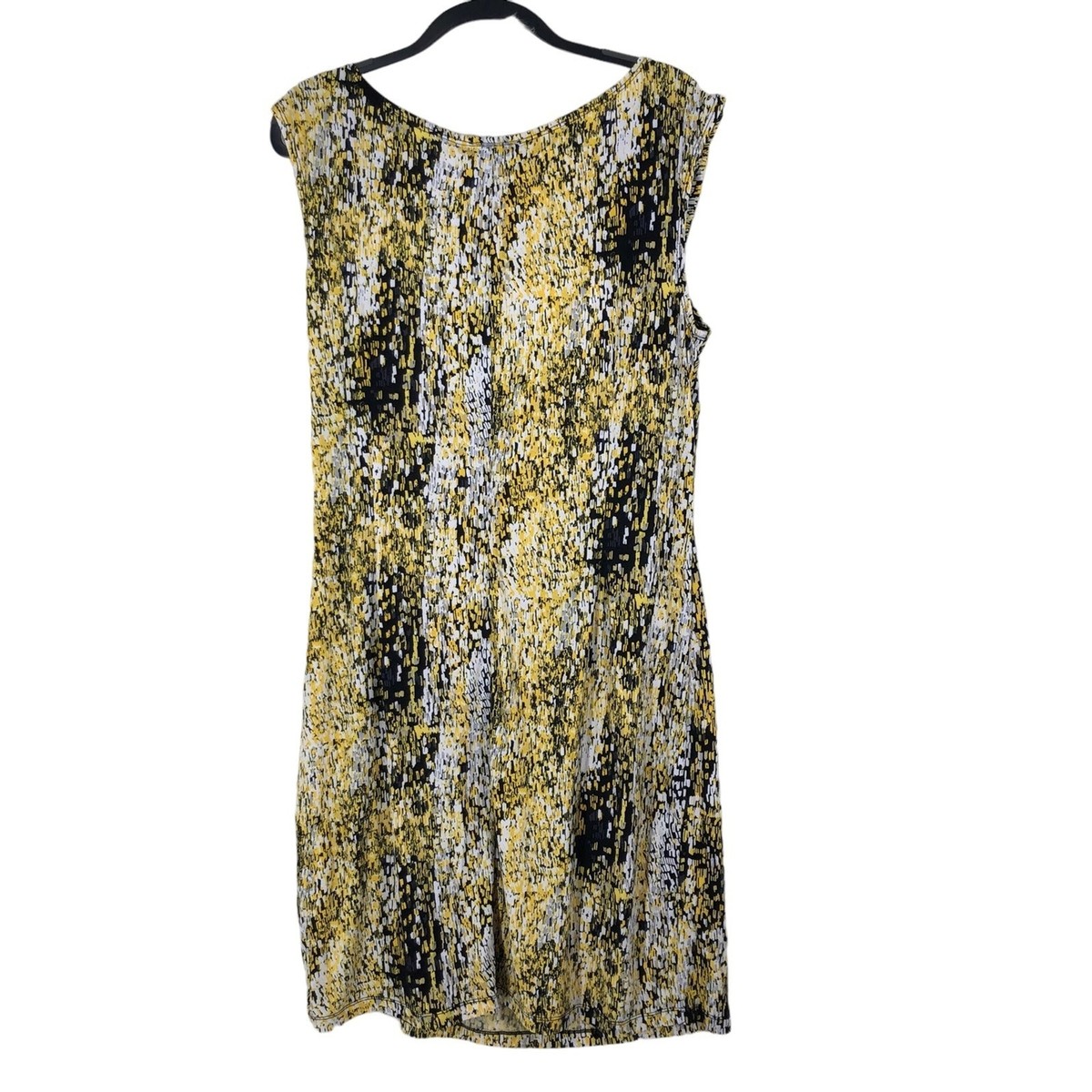 90s scoop neck dress Vintage Yellow and Grey Animalistic Waterfall, Plus sz 18 Side slit.The model is