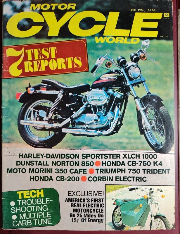 Motor Cycle World Magazine Dec. 1974 Harley-Davidson Sportster XLCH 1000 etc.