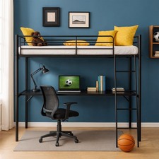 High Sleeper Bunk Bed Loft Cabin Bed Metal Frame Desk Kids Single With LED Black