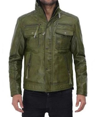 Men's Decent Festive Real Lambskin Leather Green Biker Genuine Motorcycle Jacket
