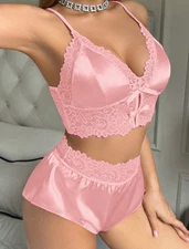 Glossy Pink Satin with lace Bra & Panties Lingerie Set XL NEW