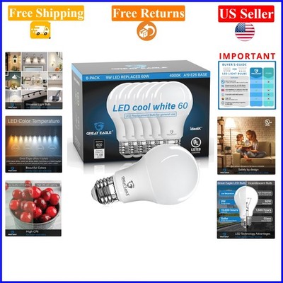 Great Eagle A19 LED Bulbs 6 Pack, 60W Equivalent, Cool White 4000K, 9W