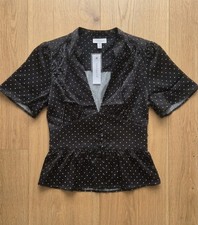 Topshop Black & White Monochrome Pedlum Polka Dot V-Neck Blouse/ Tea Top UK 10