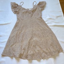 ASTR The Label Beige Peach Embroidered Ruffle off shoulder eyelet short Dress M 