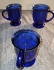 3 Vtg Anchor Hocking Pedestal Cobalt Blue Glass Mugs Coffee Tea Cups