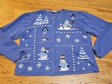 Croft  Barrow Woman's LG Button-up Snowman Sweater VGC Purple-Blue Embroidered