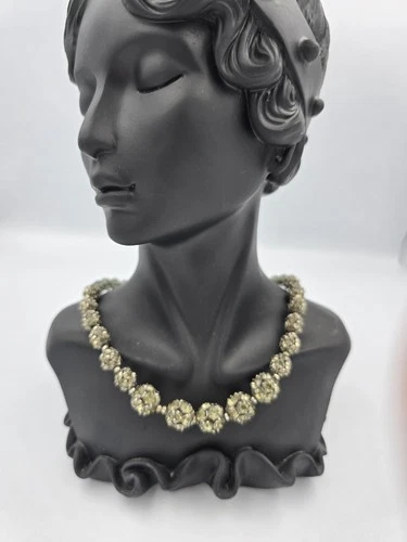 Vintage Rhinestone Beaded Necklace Olive Green Gold Tone Costume Jewelry