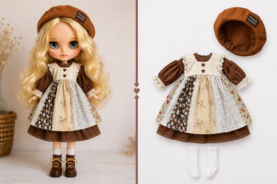 1/6 Blythe Doll Clothes Vintage Dress Outfit Set with Hat for 12'' Dolls Custom
