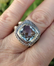David Yurman 925 Sterling Silver 11mm Prasiolite and Diamond Albion Ring Size 7
