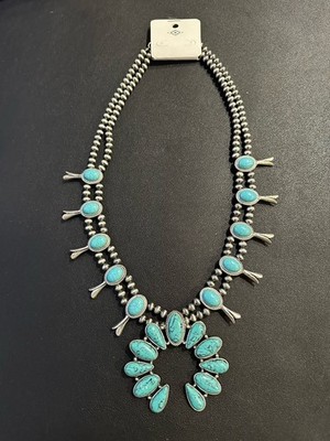 Native American Style Squash Blossom Necklace Faux Turquoise Silver Tone Western
