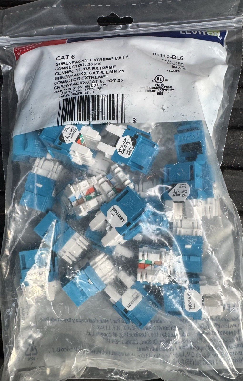 Leviton Extreme Cat 6 RJ-45 Connector 25 Pack Blue/White 61110-BL6