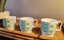 MCM Vintage Stacking Coffee Cups Mugs B Handle Floral Japan Set Of 3