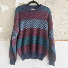 Vtg Sweater Checkerboard Stripe Colorblock Retro Knit Pullover Men L 90s Grandpa