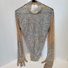 Rhinestone Gloved Bodysuit Leotard Sheer Mesh Stretch Nude Illusion Stage Dance