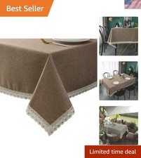 Luxurious Lace Trim Faux Linen Tablecloth - 60x84 Inch Stain and Wrinkle Free