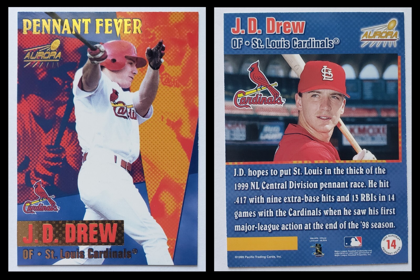 1999 Pacific Aurora J.D DREW #14 Baseball Card Pennant Fever St. Louis Cardinals