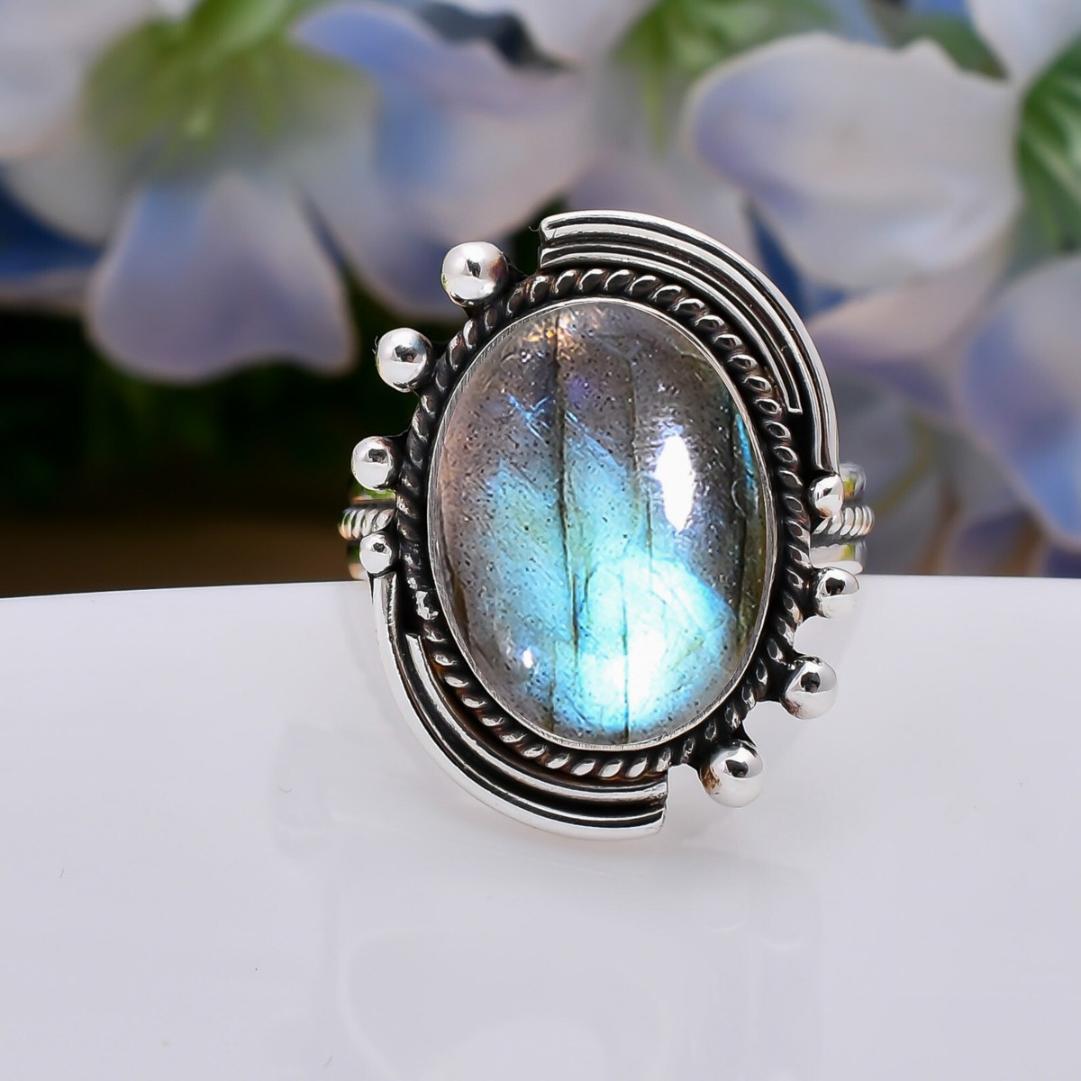 Natural Labradorite Oval 925 Sterling Silver Ring Christmas Jewelry Gift  For Her