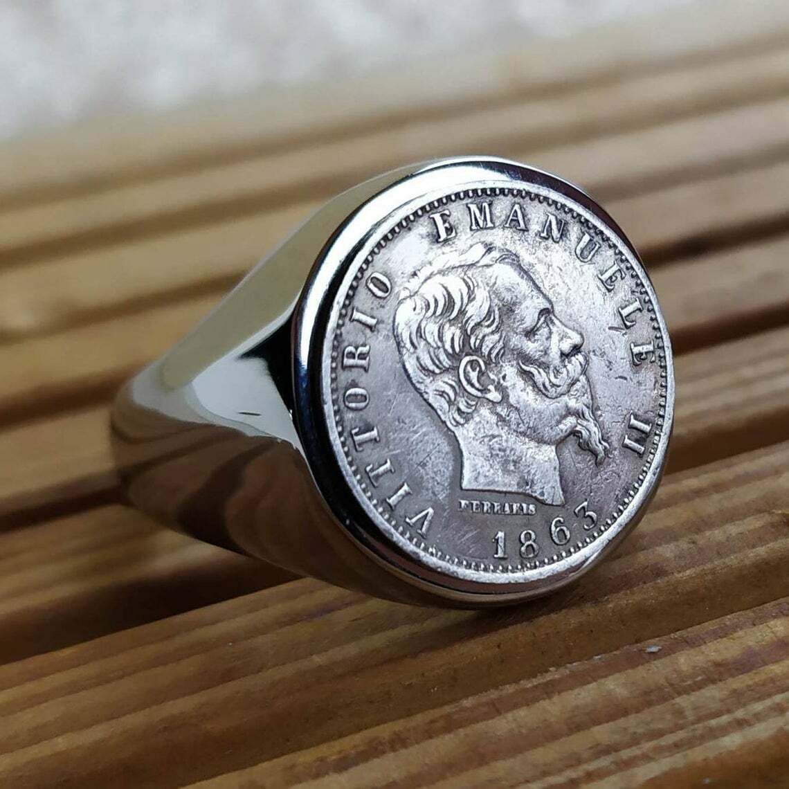 Bague chevalière en argent véritable avec pièce historique italienne de 20 centesimi