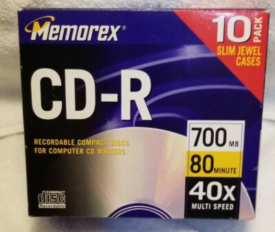 10 Pack Memorex CD-R Discs 700mb/80min 40x W/slim Jewel Cases - New 10 Sealed 
