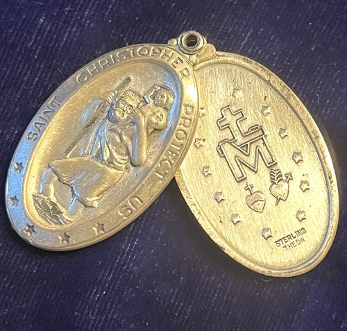Large Sterling Silver OL Miraculous Medal St Christopher Swing Pendant Signed - Picture 2 of 4