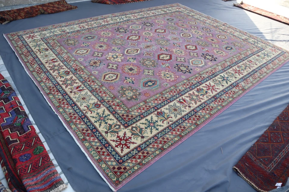 Alfombra kazaja beige púrpura 9x12 alfombra de lana afgana hecha a mano con tintes vegetales para dormitorio Foto 4 de 4