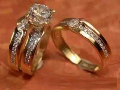 14K Yellow Gold Fn 1.40Ct Lab Created Diamond His Hers Trio Set Engagement Ring