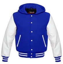 ROYAL BLUE VARSITY HOODIE LETTERMAN WOOL REAL LEATHER JACKET