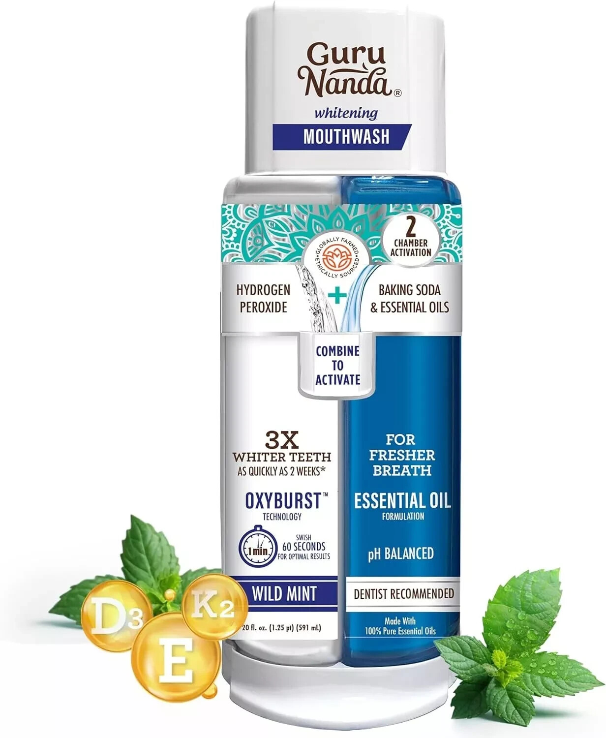 GuruNanda Dual Barrel Oxyburst Whitening Mouthwash, Wild Mint 20 Fl Oz Pack of 1