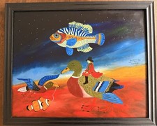 Naive Original Oil Painting On Board Signed Framed Ducks Fish