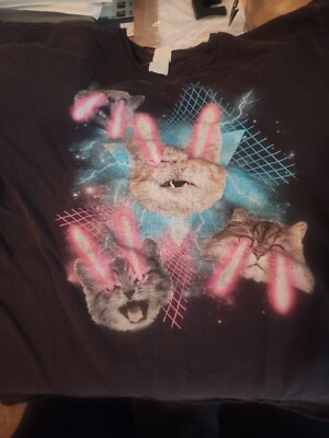 Lazer Eye Cat in Space Short Sleeve Shirt Sz L Black Graphic 