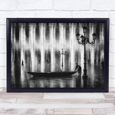 Venice Black & White Gondola Boat Ship Raft Street Lamps Italy People Print
