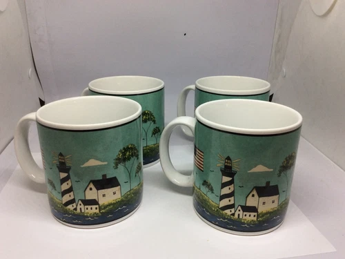 Coastal Breeze Coffee Mug Cup Set Of 4 Lighthouse Sakura Warren Kimble Vintage