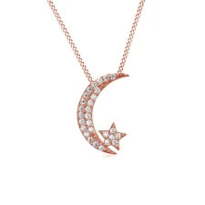 Crescent Moon Star Pendant Necklace Round Brilliant Cut 14K Gold Plated Silver