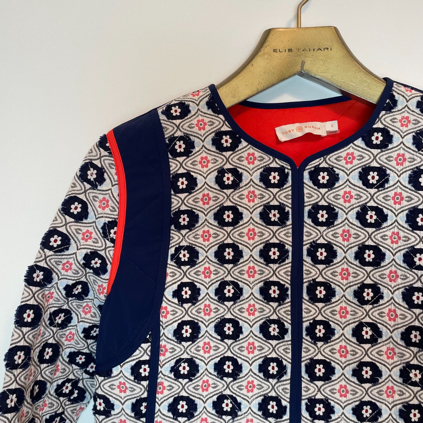 TORY BURCH Rainford Quilted Jacket Sz 2 Quilt Coat Blazer Daisy Jacquard Floral thumbnail 4